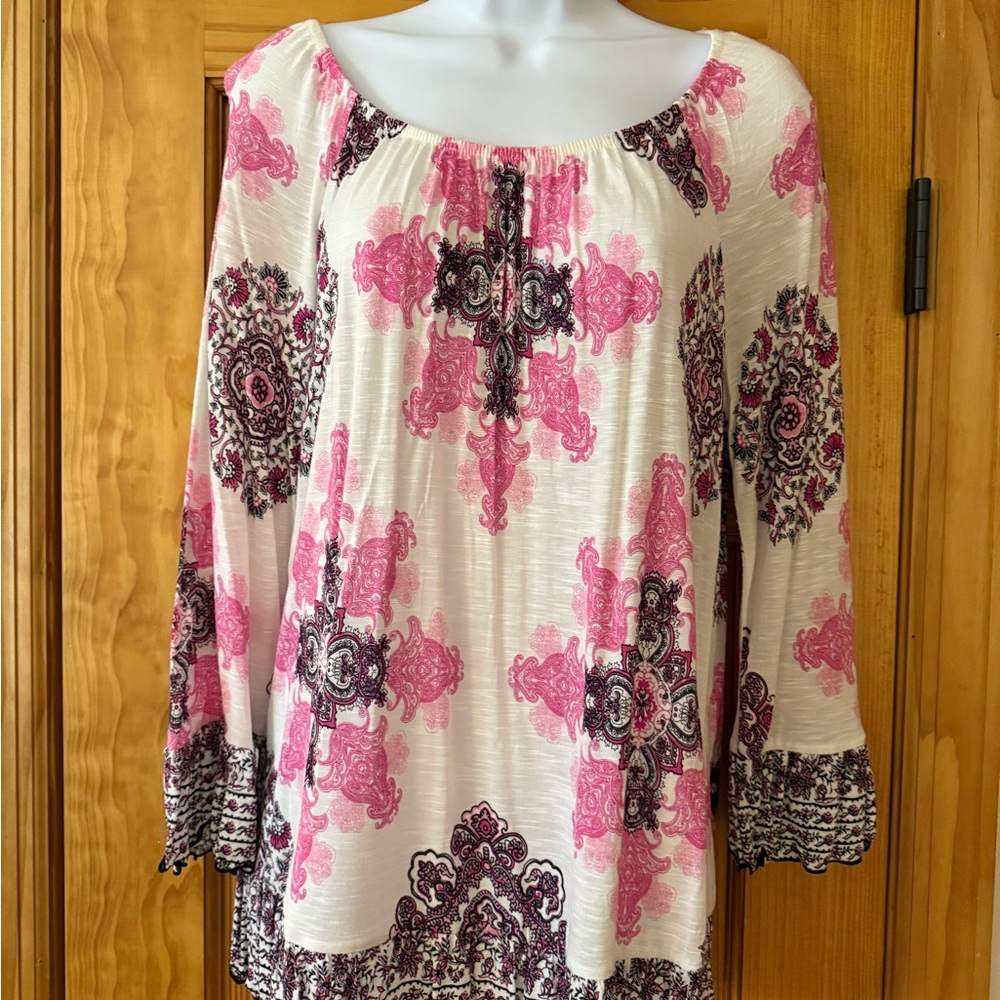 INC Women's Pink and Cream Bohemian Top